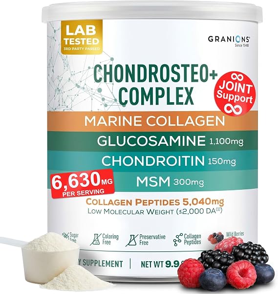 Granions Glucosamine Chondroitin MSM Powder 6,630mg - Joint Supplements for Men and Women - Chondrosteo, Hydrolyzed Marine Collagen Peptides, Essential Vitamins Glucosamine Complex - Wild Berry 9.9oz