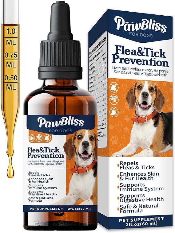 Flea and Tick Prevention for Dogs, Pets Oral Natural Supplement Drops with Multivitamin Care for All Breeds