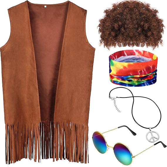 Didaey 70s Hippie Costume for Men-5 Pcs Hippie Fringe Vest Wig Tie Dye Headband Accessories for Disco Halloween