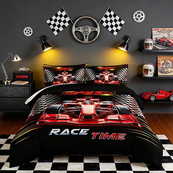 Red Race Car Bedding Comforter Set Twin Size with 2 Pillowcases.