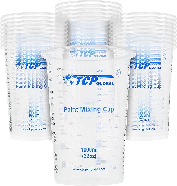 TCP Global 32 oz. (1000ml) Graduated Plastic Mixing Cups (Box of 25)