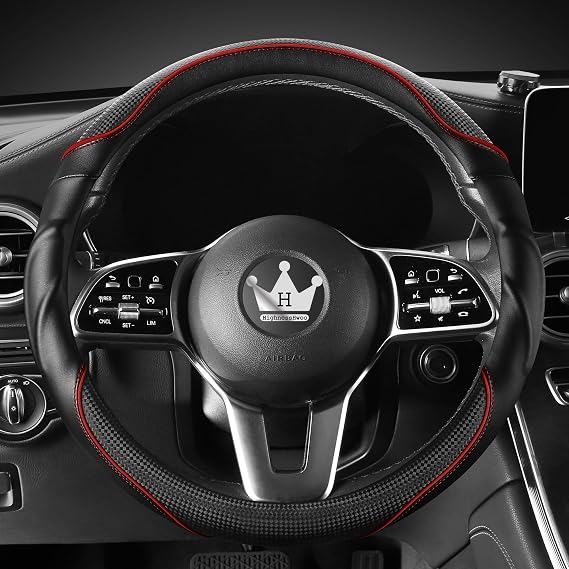 HighnessHwoo 3D Car Steering Wheel Cover Comfort Grip Massage Sporty Anti-Slip Carbon Fiber Faux Leather for Sedan Suv, Universal Fit, Car Handle Covers for All Seasons, 37-38cm, Red