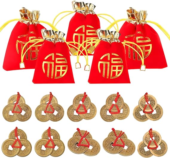 10 Pcs Chinese New Year Coins and 5 Pack Red Lucky Pouch for Wealth - Years of Horse,Traditional Feng Shui Fortune Coins for Home Car Decorations,Spring Festival Lucky Bag Blessing for Wealth Health