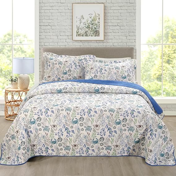 WINLIFE 3 Piece Coastal Quilt Sets Queen Size 100% Cotton Ocean Quilts | Lightweight Seahorse Beach Bedding Bedspread with 2 Shams, Soft Coverlet Summer Comforter for All Season, 90''x98''
