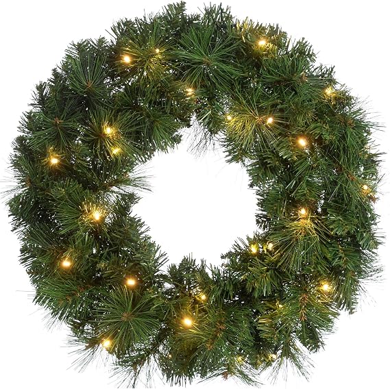 WeRChristmas Pre-Lit Alberta Spruce Wreath Illuminated with 35 Warm White LED Lights, 60 cm - Wreath, Green