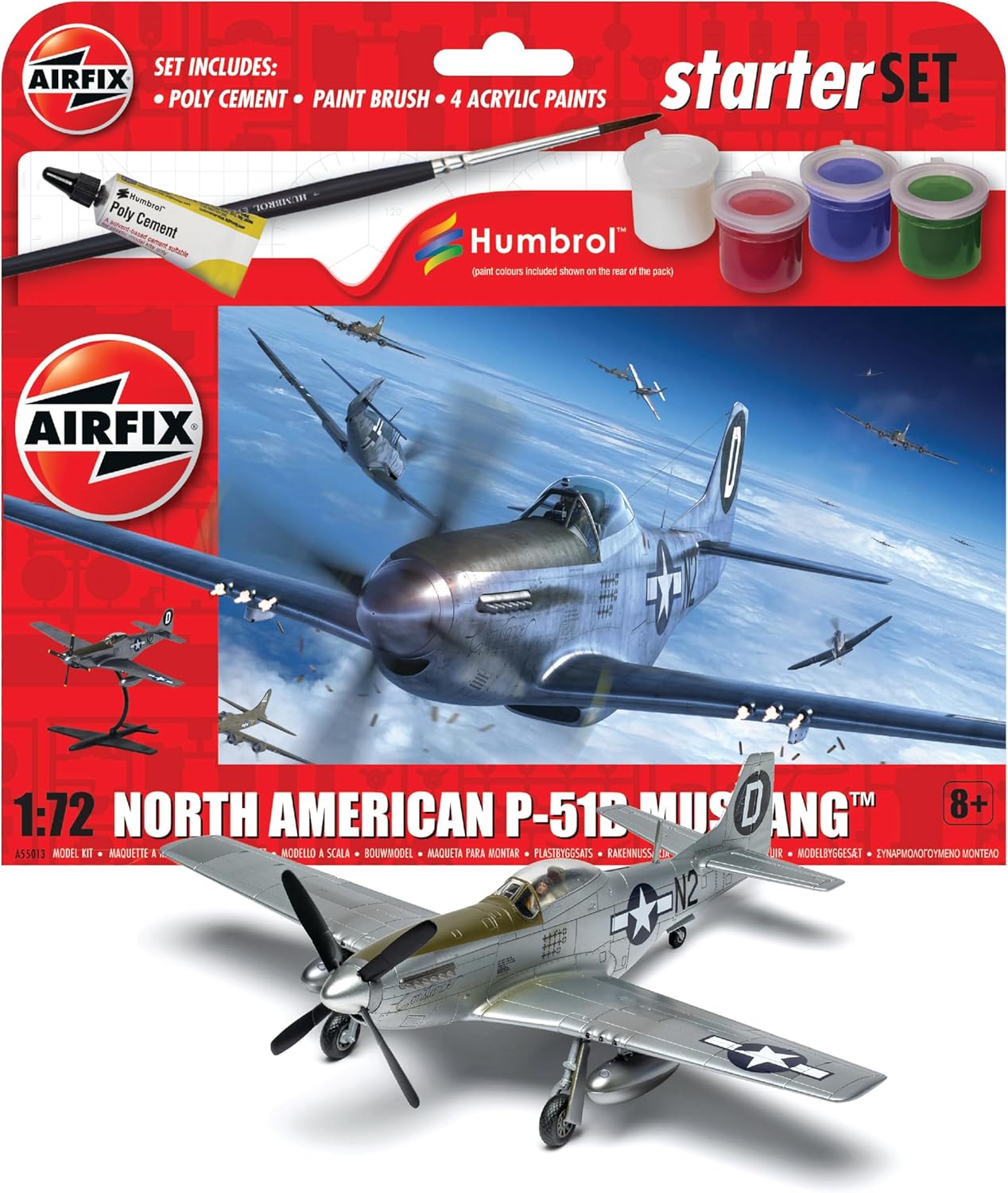 Airfix Starter Set - A55013 North American P-51D Mustang Model Building Kit - Plastic Model Plane Kits for Adults & Children 8+, Set Includes Sprues, Decals, Paints, Brush & Glue - 1:72 Scale Model