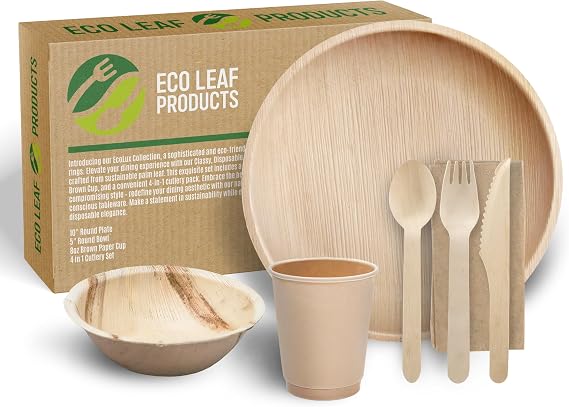 ECO Leaf 350 Pcs Disposable Palm Leaf Dinner Set | 50 X 10 Round Plates, 5" Round Bowls, 8oz Bamboo Paper Cups, Wooden Cutlery Set | Eco-Friendly Heavy-Duty Bundle for Wedding, Party, Picnic