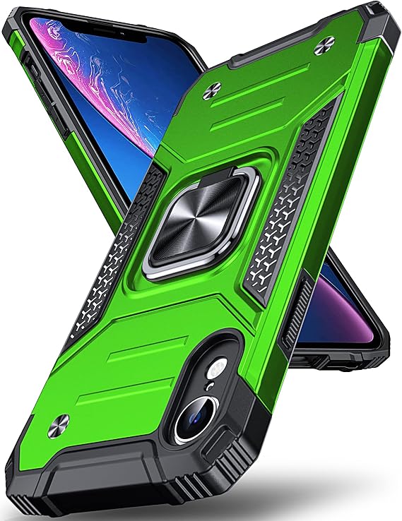 DASFOND Armor Case for iPhone XR Case with Camera Protection Military Shockproof Mobile Phone Case [Upgrade 2.0] 360 Degree Metal Ring Holder Stand Protective Case [for Mobile Phone Holder Car Magnet] 6.1 Inches Green