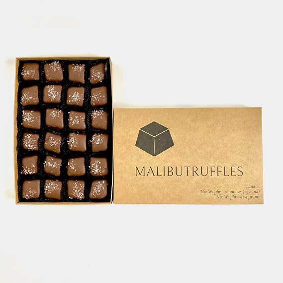 1 lb fancy candy box of gourmet Sea Salt Caramels. Each candy is hand dipped in Dark Chocolate an topped with Sea Salt. A chewy, smooth, and creamy gourmet Caramel candy treat to enjoy or gift