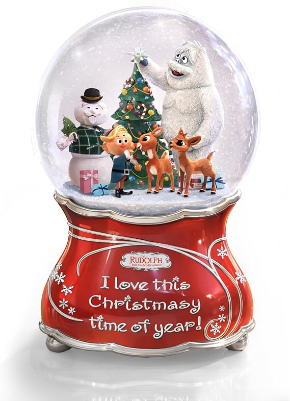 Rudolph The Red-Nosed Reindeer Musical Glitter Globe Featuring A Joyful Sentiment & Silvery Bas-Relief Accents On The Base