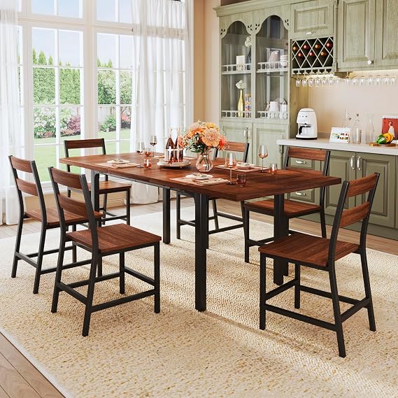 ALEXNUTRE 7-Piece Dining Table Set for 4-6, 63" Large Extendable Kitchen Table Set with 6 Chairs, Curved Backrest, Dining Room Table with Solid Metal Frame & MDF Board, Easy Assembly, Walnut