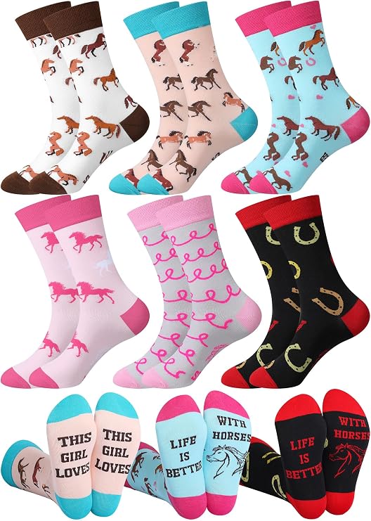 Hercicy 6 Pairs Funny Horse Socks for Women Girls | Riding Birthday Gift, Equestrian Crew Socks with Horse Patterns, Horseshoes, for Christmas Women's Wear Riding Party Favors