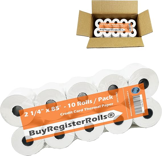 (10 Rolls - 50 GSM) 2 1/4 x 85 Thermal Paper Receipt Rolls 2.25 x 85 ft, POS/Cash Register, Fits All Credit Card Terminals, Verifone VX510 VX570 FD50 T4220