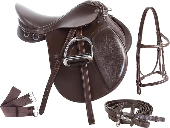 15 16 17 18 New English Horse Saddle Starter Set Bridle REINS Girth Cinch Leather Leathers Irons Stirrups All Purpose Riding Show Jumping Pleasure Trail Equestrian Equipment