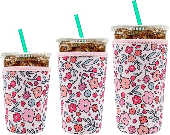 YR Reusable Neoprene Insulator Sleeve for Iced Coffee Cups, 3 Pack Coffee Coolies sleeves for Iced & Hot Drinks, Cold Beverage Cooler Compatible with Starbucks Coffee and More (Pink Floral Garden)