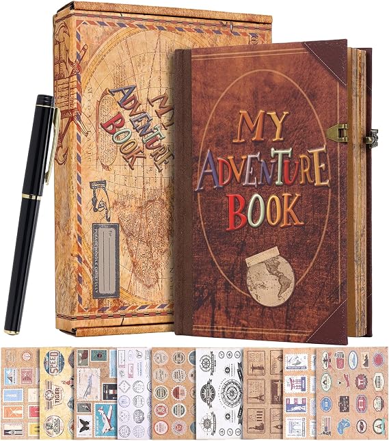 My Adventure Book Leather Scrapbook Photo Album - 164 Acid-Free Pages, Vintage Travel Journal for Anniversaries, Vacations & Date Nights, Pocket-Sized Memory Book, Gift for Couples, Him & Her
