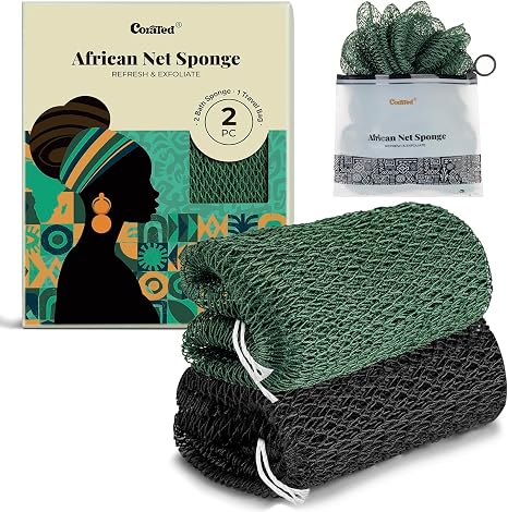 Corated African Mesh Scrub Sponge Black Dark Green Pack of 2 114 cm long African net sponge for thorough deep peeling hygienic and quick-drying ideal for shower and spa