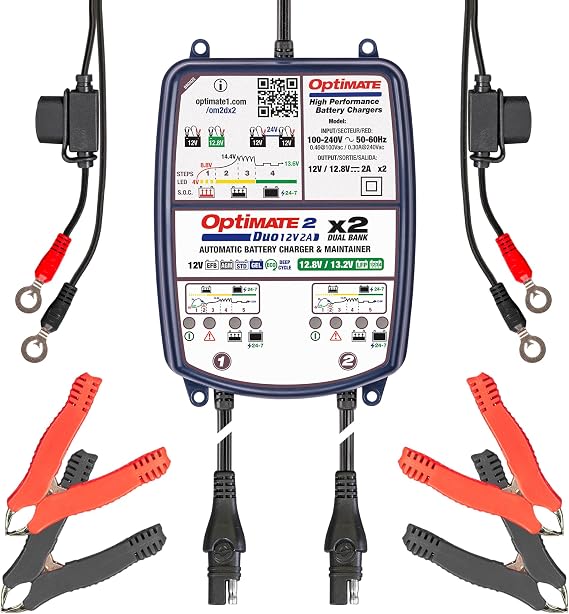 Tecmate Optimate 2 Duo x 2 Bank, TM-571, Bronze Series: 5-Step 2X 12V / 12.8V 2A Sealed Battery Charger & maintainer, Blue
