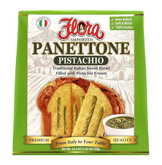 Flora Panettone Pistachio Authentic Italian Holiday Cake, Soft & Fluffy with Rich Pistachio Cream Filling, Traditional Artisan Recipe, Limited Edition, Made in Italy 26.5 oz (750g)