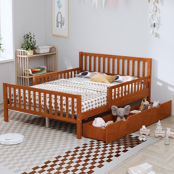 Full Size Classic Wooden Platform Bed Frame with Guardrails on Both Sides, 2 Storage Drawers, Headboard and Footboard for Kids Teens Girls Boys, No Box Spring Needed (Walnut-05, Full)