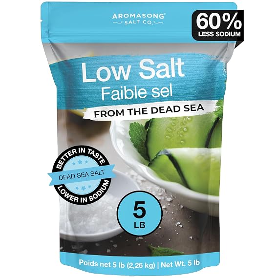 Aromasong Low Sodium Sea Salt - 100% Natural - 60% Less Sodium - Bulk 5 Lb Bag - Fine Grain Dead Sea Potassium Chloride with Dead Sea Salt - Used As Table Salt Substitute For Low Sodium Diet
