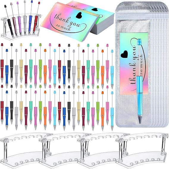 Tenceur 148 Pcs Beadable Pen Set Back to School Gift 48 Plastic Beadable Pen 48 Resealable Pouch Bag 48 Thank You Cards 4 Pcs Plastic Pen Holder Clear Display Stand for Student(Bright Color)
