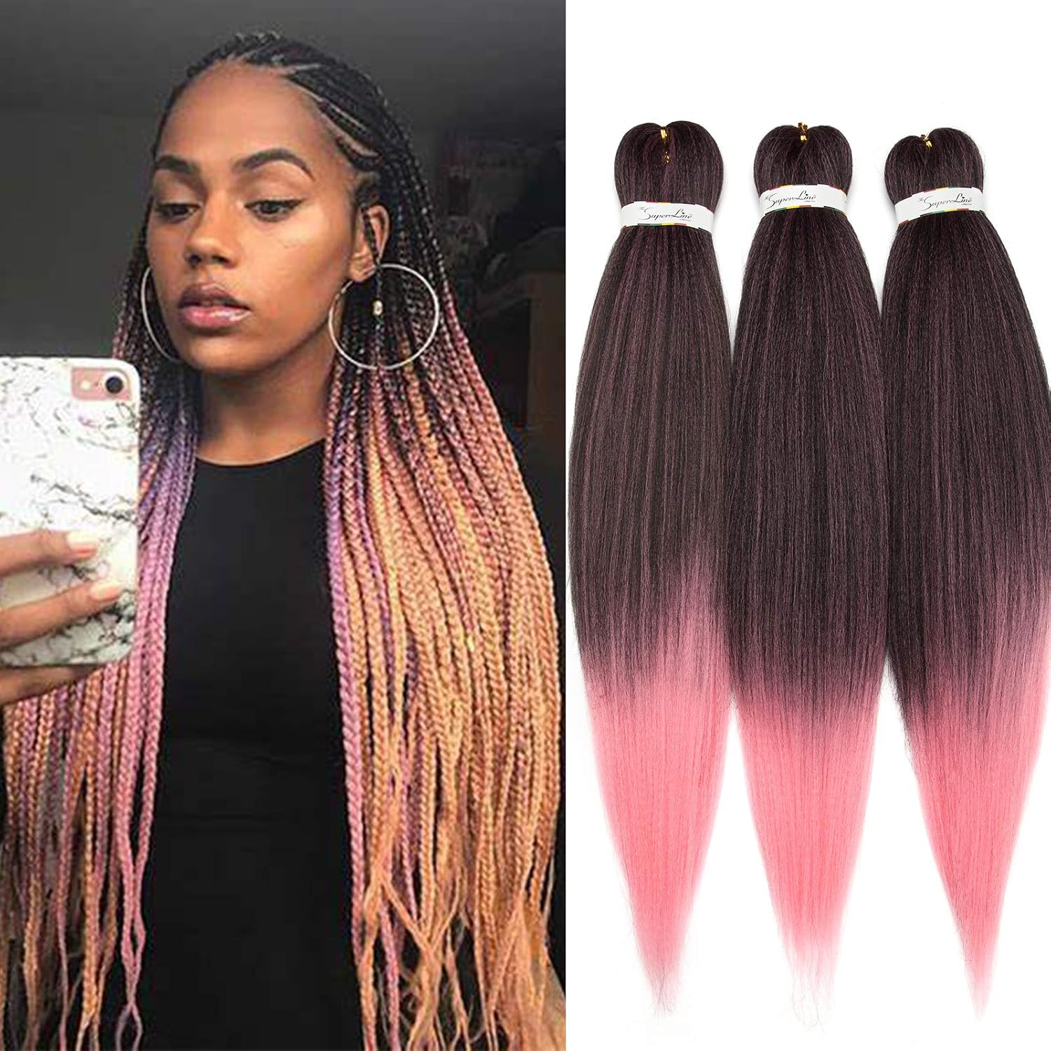 Pre Stretched Braiding Hair 3 Pcs Easy Braiding Hair Extension Ombre Synthetic Crochet Box Twist Braid [26" 270g Black&Pink]