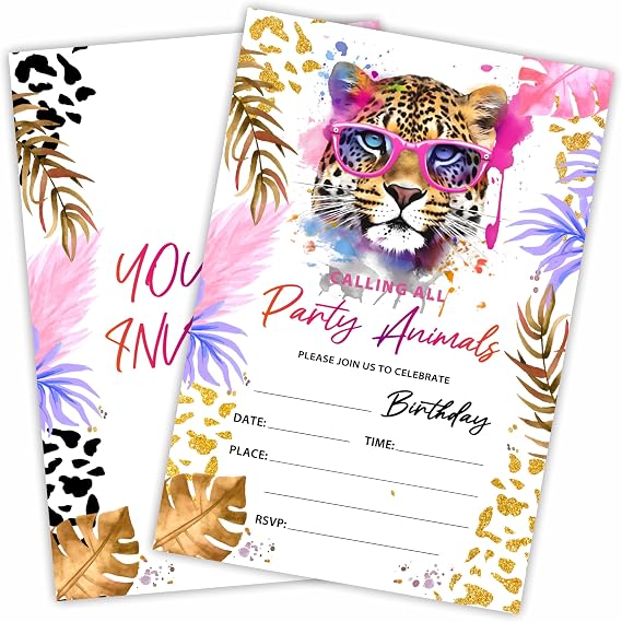 Leopard Print Birthday Invites, Party Animals! 20 Invite Cards With Envelopes - Double - Sided Fill In Style Invitation For Boys & Girls -Party Favors And Decorations - B01