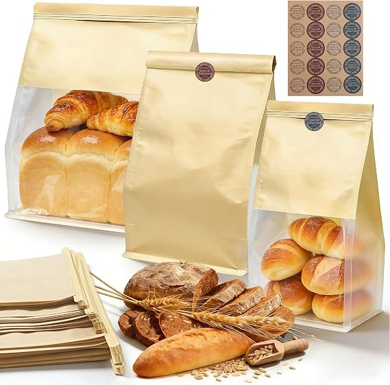 46 Pack Paper Bread Bags for Homemade Bread, 3 Sizes with Window | Tin Tie, Labels, Brown Bread Bags, Bread Packaging Supplies, Kraft Bags for Sourdough, Donuts, Cookies, Bakery, Gifting