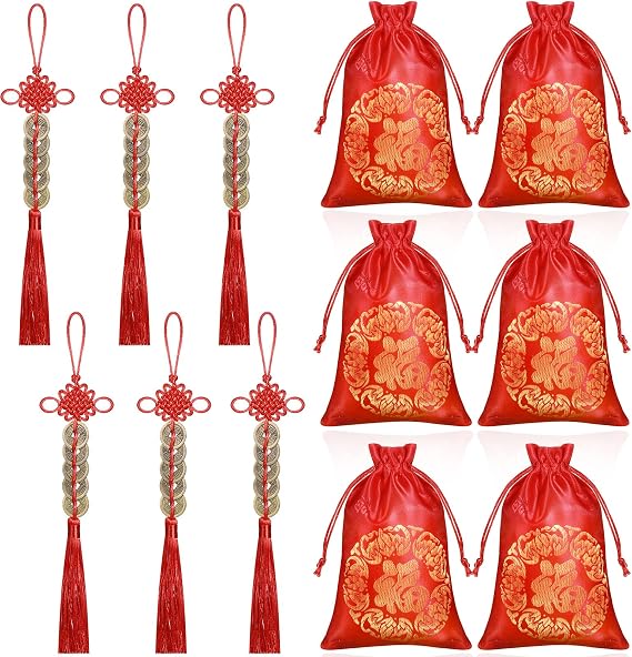 Junkin 6 Pieces 2025 Iching Coins Chinese Knot Wealth Coins Hanging Good Luck Coins Five Emperor Feng Shui Coins Good Luck Car Charm with 6 Pieces Storage Bags for Health Wealth Success Lucky Decor