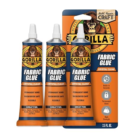 Gorilla Fabric Glue, 100% Waterproof, No Sew Solution, Washer/Dryer Safe, Permanent Bond, 2.5fl oz/73ml, Clear, (Pack of 3))