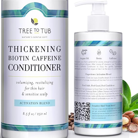 Tree To Tub Biotin Conditioner - Activating Caffeine for Fuller Hair, Thickening Conditioner for Women & Men for Dry Damaged Hair, Sulfate Free w/Organic Argan Oil & Aloe