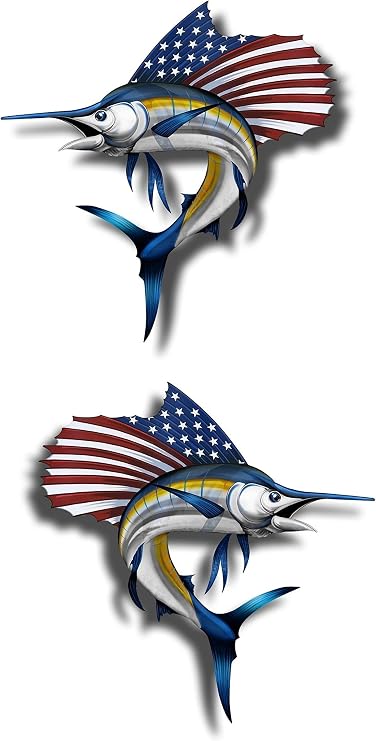 Premium Marlin American Flag Fish Sticker 4.4x4 Inch Waterproof Fishing Decal Patriotic USA Vinyl for Car Window, Cooler, Laptop or Boat Fishing Stickers and Decals for Boats