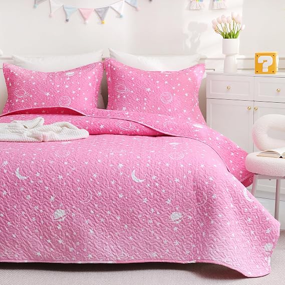 JSD Pink Moon Stars Space Theme Kids Quilt Set Full/Queen