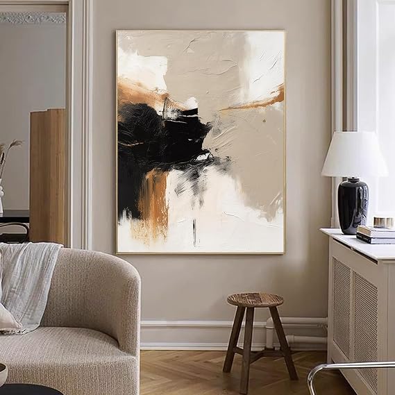 UYLHJKLZ Beige Abstract Oil Painting Large Beige and Black Minimalist Abstract Painting Abstract Canvas Art Beige Wabi Sabi Wall Art 3D Textured Wall Art