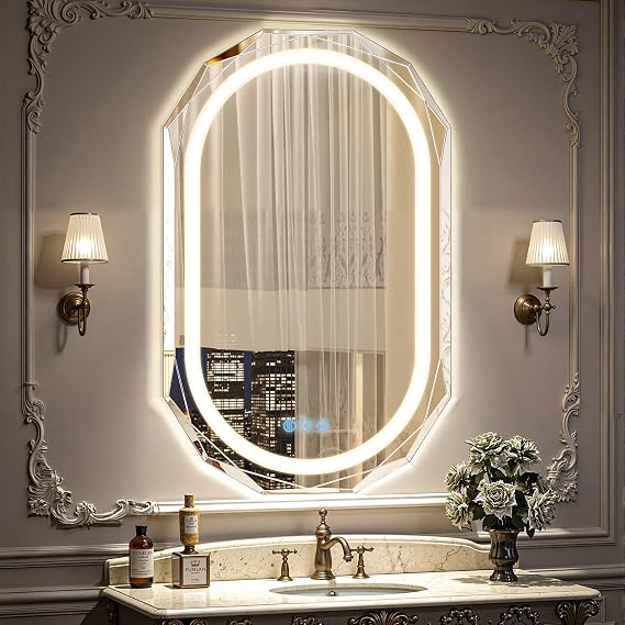 24"X36" Oval LED Bathroom Mirror with Lights, Frameless Vanity LED Mirror for Bathroom with Beveled Edge, Backlit Anti-Fog, Dimmable, 3 Colors, Memory Function, TemperedGlass,Shatter-Proof