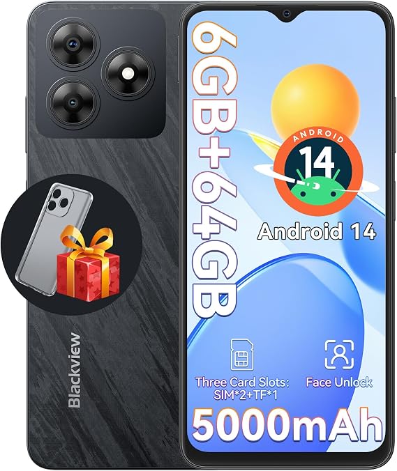 Blackview Wave 8C Unlocked Android Phones, Android 14 Unlocked Phones, Octa-Core 6GB+64GB/SD 2TB, 5000mAh Smart Phone, 6.56" HD, 3 Card Slots, 4G Dual T-Mobile, 3.5mm Headphone Jack
