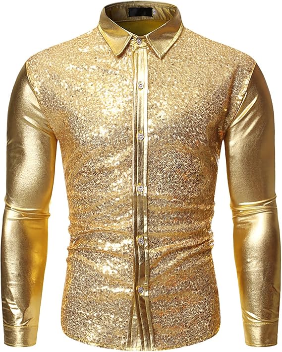 Mens Shirts Long Sleeve Button Down Shirts Shiny Metallic Sequin Shirt Cosplay Party Tops Casual Fashion Top
