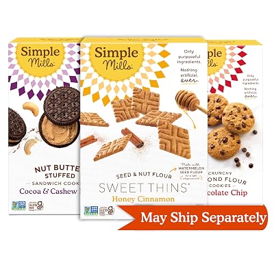 Simple Mills Sweet Thins Cookies Seed and Nut Flour Honey Cinnamon, Almond Flour Crunchy Chocolate Chip, and Simple Mills Cocoa Cashew Creme Sandwich Pack of 3