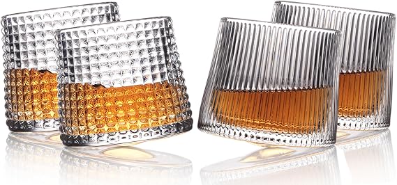 5 oz Spinning Crystal Whiskey Glass Set of 4, Rotating Rocks Cocktail Cups