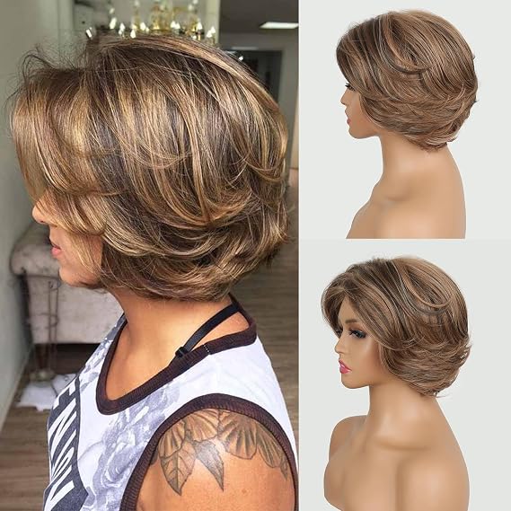 Highlight Brown Wig With Curtain Bangs - Layered Wavy Bob for Women, Short Pixie Cut, Synthetic Ombre Dark Brown Curly for Daily Party Use
