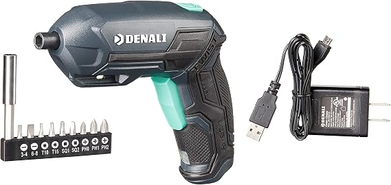 Amazon Brand - Denali by SKIL 4V Cordless Pivoting Screwdriver with10-Piece Bit Set and USB Charger, Blue