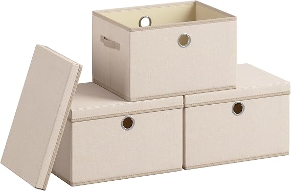 SONGMICS Cube Storage Boxes with Lids, 3 Pack Fabric Organiser Baskets