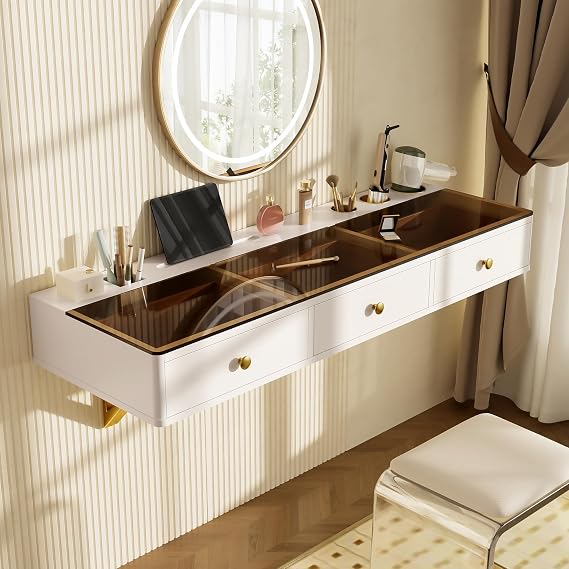 LUMISOL Floating Makeup Vanity Desk with 3 Drawers, Multi-Purpose Wall-Mounted Makeup Table with Storage, Floating Vanity Table for Small Space, Light Beige