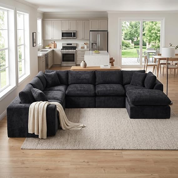 140" Oversized Modular Boneless Sectional Cloud Couch, Chenille Sofa, Black