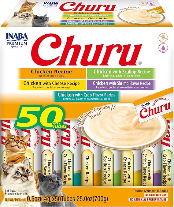INABA Churu Cat Treats, Grain-Free, Creamy Puree Cat Treat/Topper, Chicken Variety