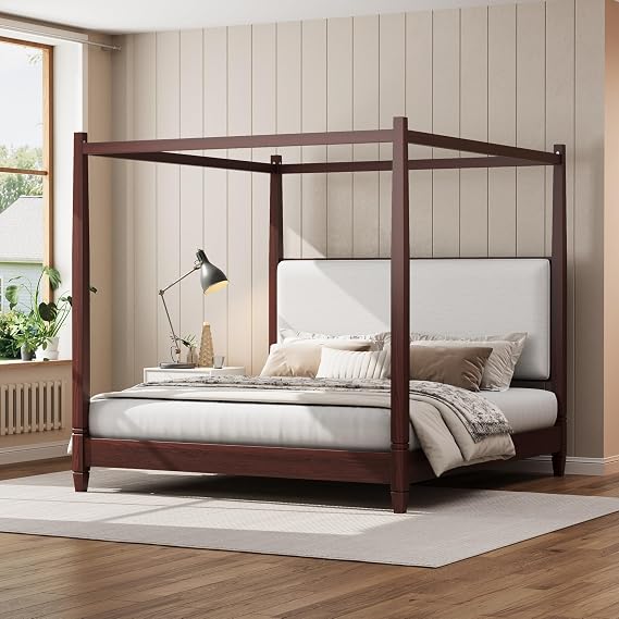 King Size Canopy Platform Bed Frame, Solid Wood Four Posters Bed Frame with Upholstery Headboard, Wooden Slat Support Legs, Espresso