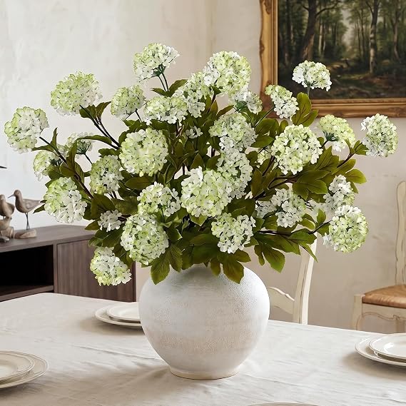 6 Pcs 28"Artificial Snowball Hydrangea Stems for Vase Decor(White-Green)