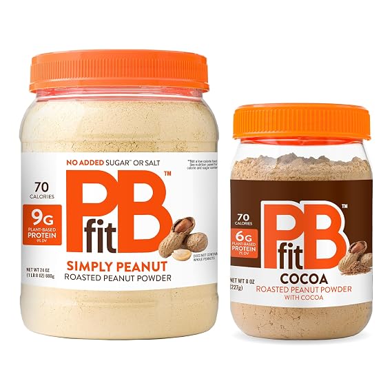 Bundle of PBfit Pure Peanut, Powdered Peanut Powder, Non-GMO, Plant-Based, Protein Powder, 9g of Protein, (24 oz) + PBfit BetterBody Foods All-Natural Peanut Butter Powder, Chocolate, 8 Oz