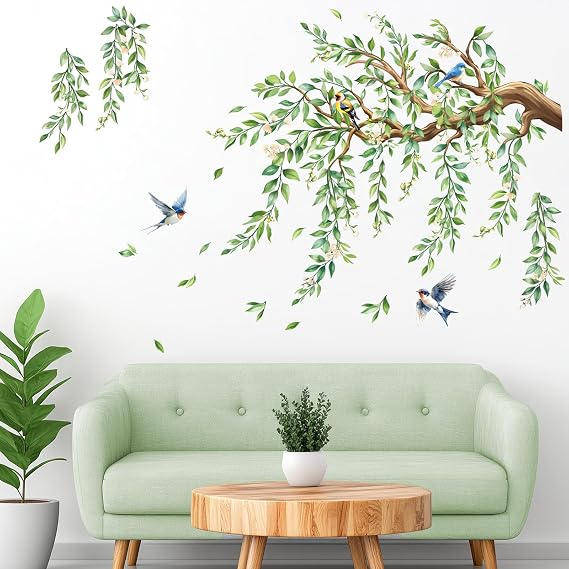 Green Hanging Vine Floral Birds Large Tree Branch Wall Stickers